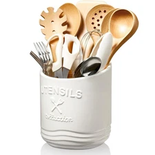 AISBUGUR Large Ceramic Utensil Holder 7.5 H×6.3 W with Slanted Mouth - Utensil C