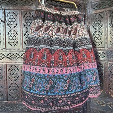 VTG Boho Paisley Patchwork Maxi Skirt Womens M L XL Pleated Gauzy Bells India