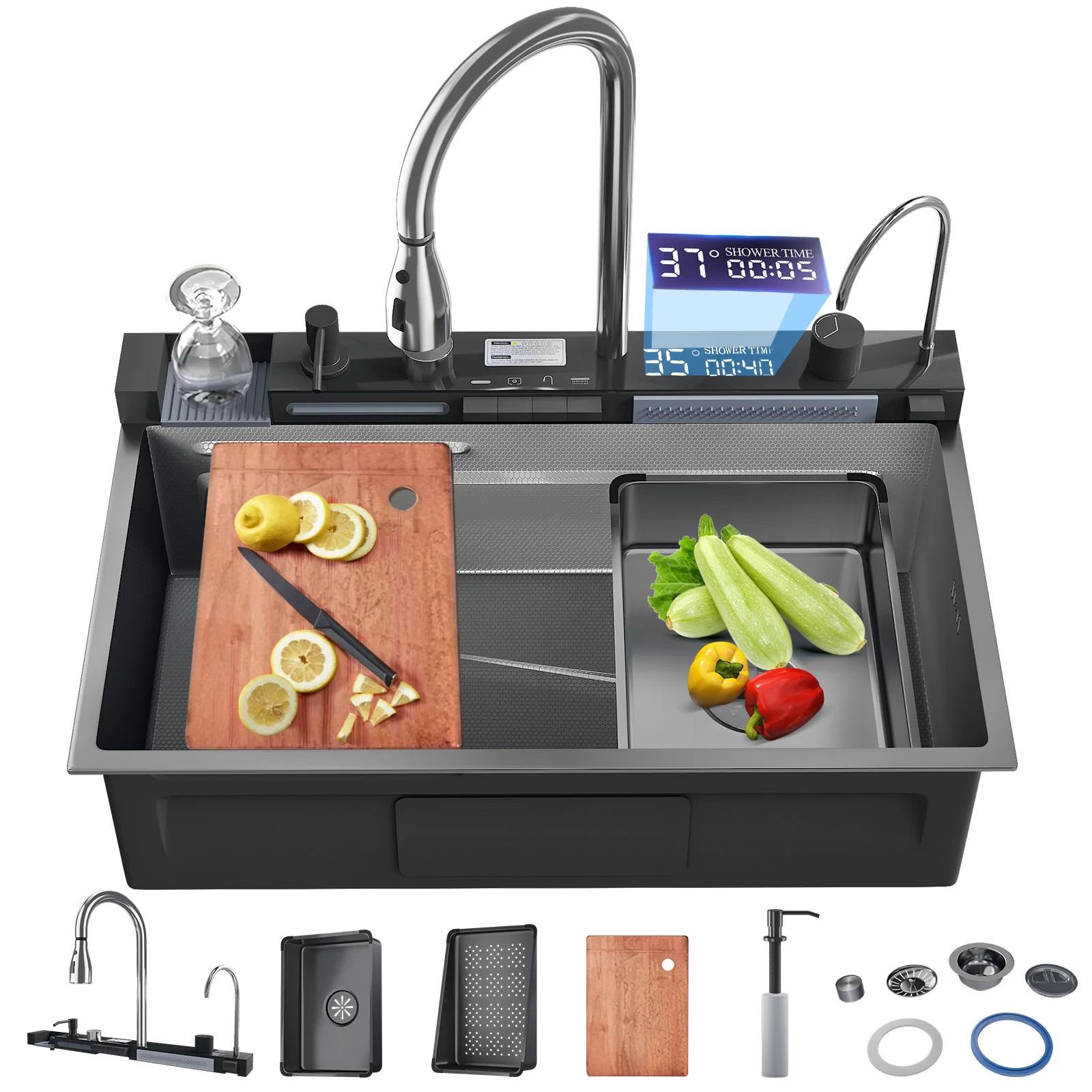 Évier de cuisine cascade intelligent : grand bac en inox avec système de rinçage intégré