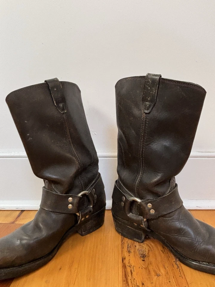 Mujer’s 8 Botas de Motocicleta Vulcan De Colección Cuero Marrón Hebilla Punta Cuadrada Pantorrilla Foto 4 de 4