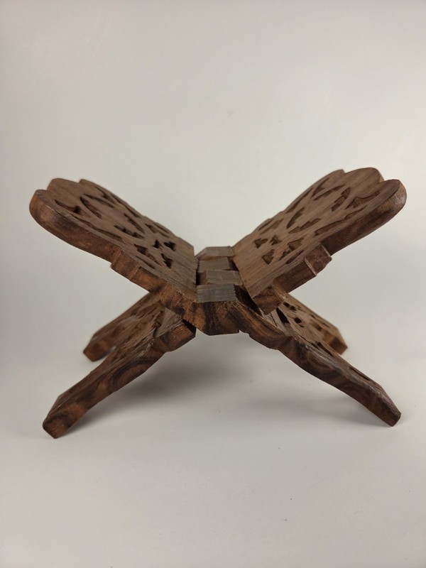 Carved Wooden Folding Book Stand Holder, Foldable Design, Brown Wood