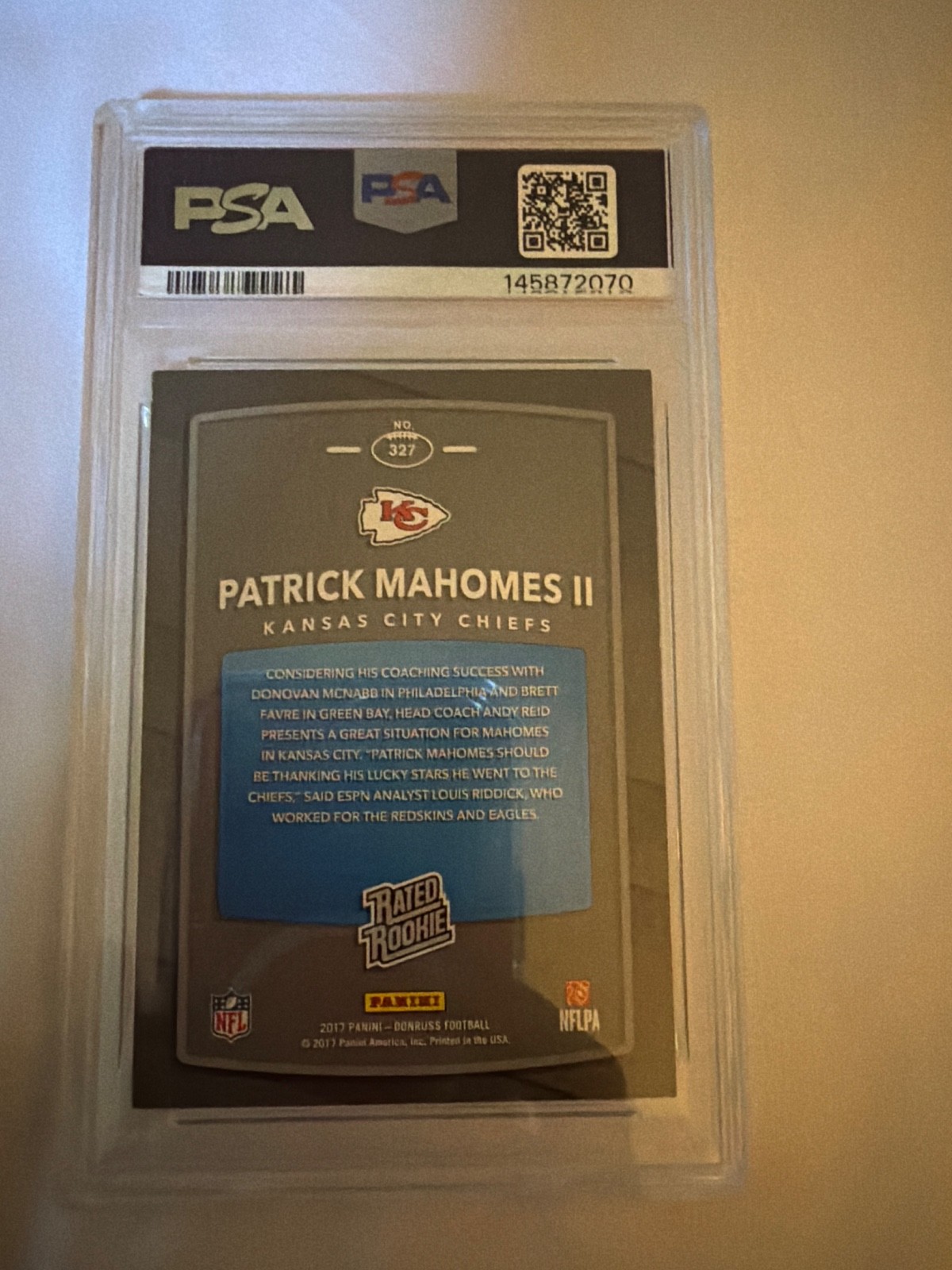 2017 Panini Donruss #327 Patrick Mahomes II Rated Rookie RC PSA 6 EX-MT B377 view 2
