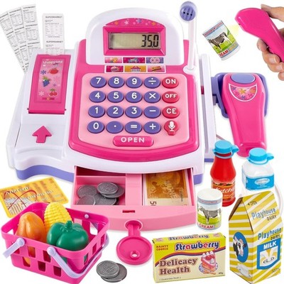BUYGER Kinder Kasse Spielzeug Registrierkasse mit Bondrucker Scanner Mikrofon...