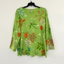 Jess & Jane Green Dragonfly Floral Top Size 1X Spring Artsy Multicolor Whimsical