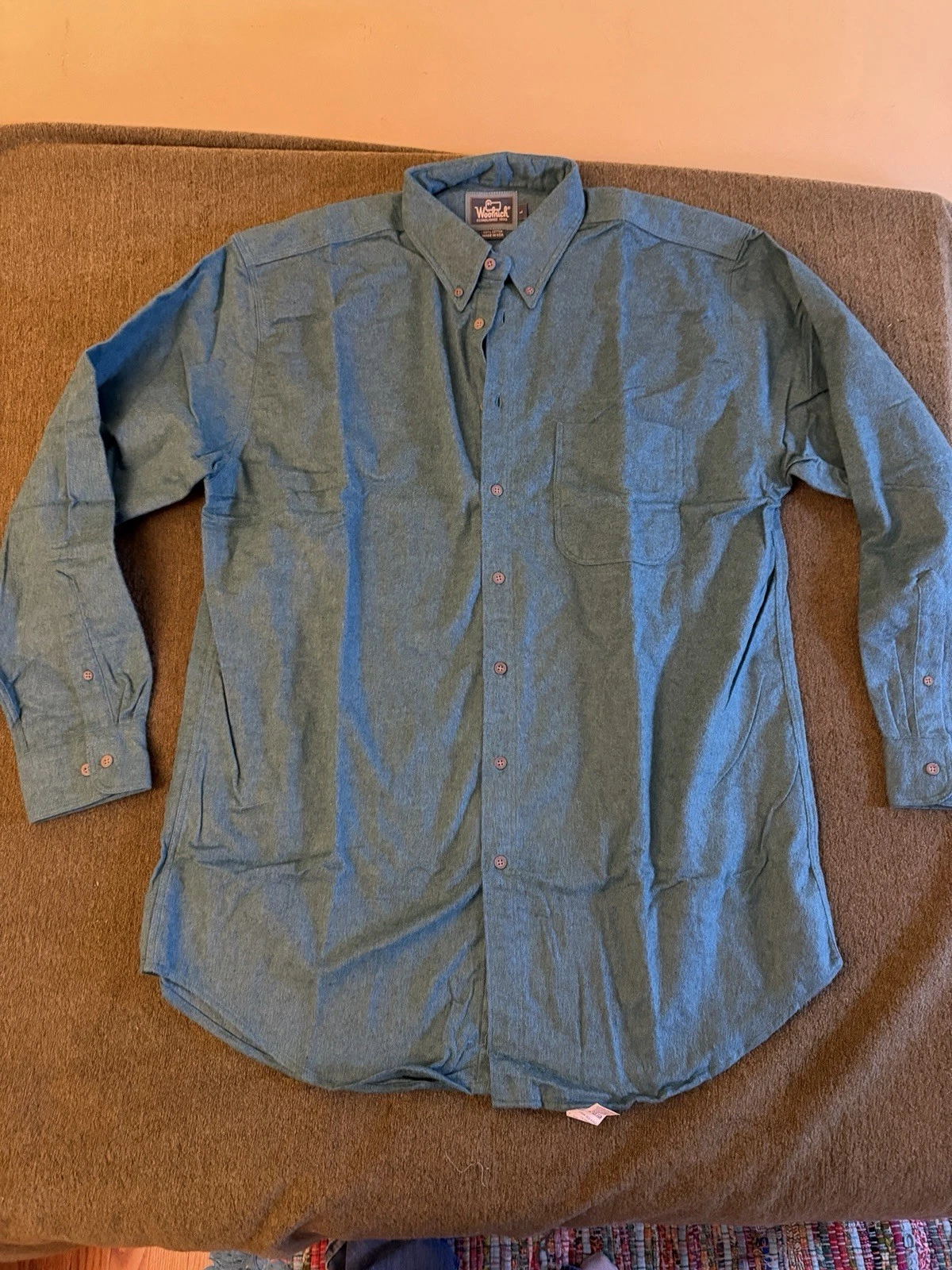 Vintage Woolrich Chamois Shirt Button L USA Made 90s Teal Mens Long Sleeve