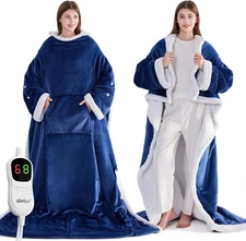 Wearable Heated Blanket with Foot Pocket, Electric Throw Blanket with Sleeves, H