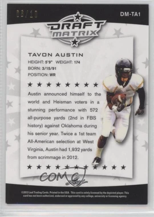 2013 Leaf Draft Matrix Pink /10 Tavon Austin #DM-TA1 Rookie RC - Image 2 of 2