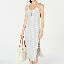 Miken Women’s Lace-Up Striped Cover-Up Maxi Dress Gray White Sleeveless S NWT