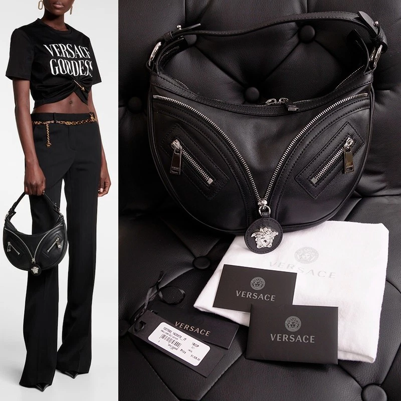 Versace — NEW VERSACE $1995 Black Leather RUNWAY REPEAT HOBO Small BAG & CROSSBODY STRAP