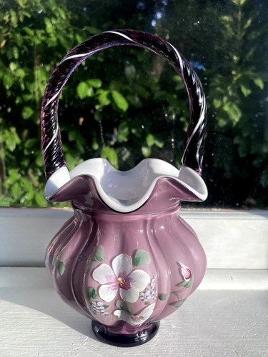 1997 Fenton Glass Sweet Briar Plum Overlay Basket Lynn Fenton & Brenda Pezzoni