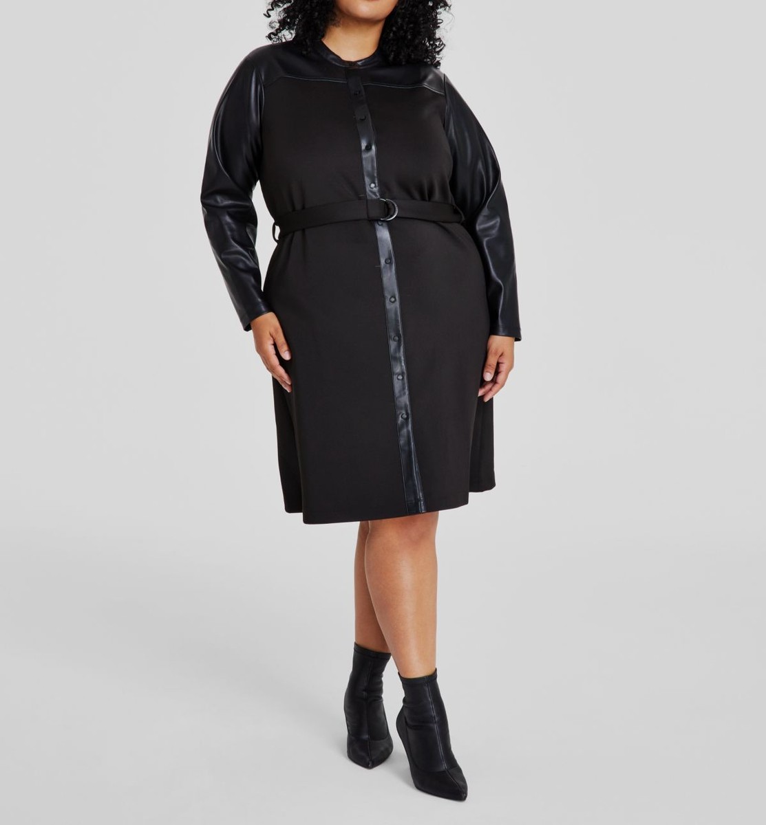 Calvin Klein Womens Faux Leather Mixed Media Shirt Dress, Black, Plus Size, 2X