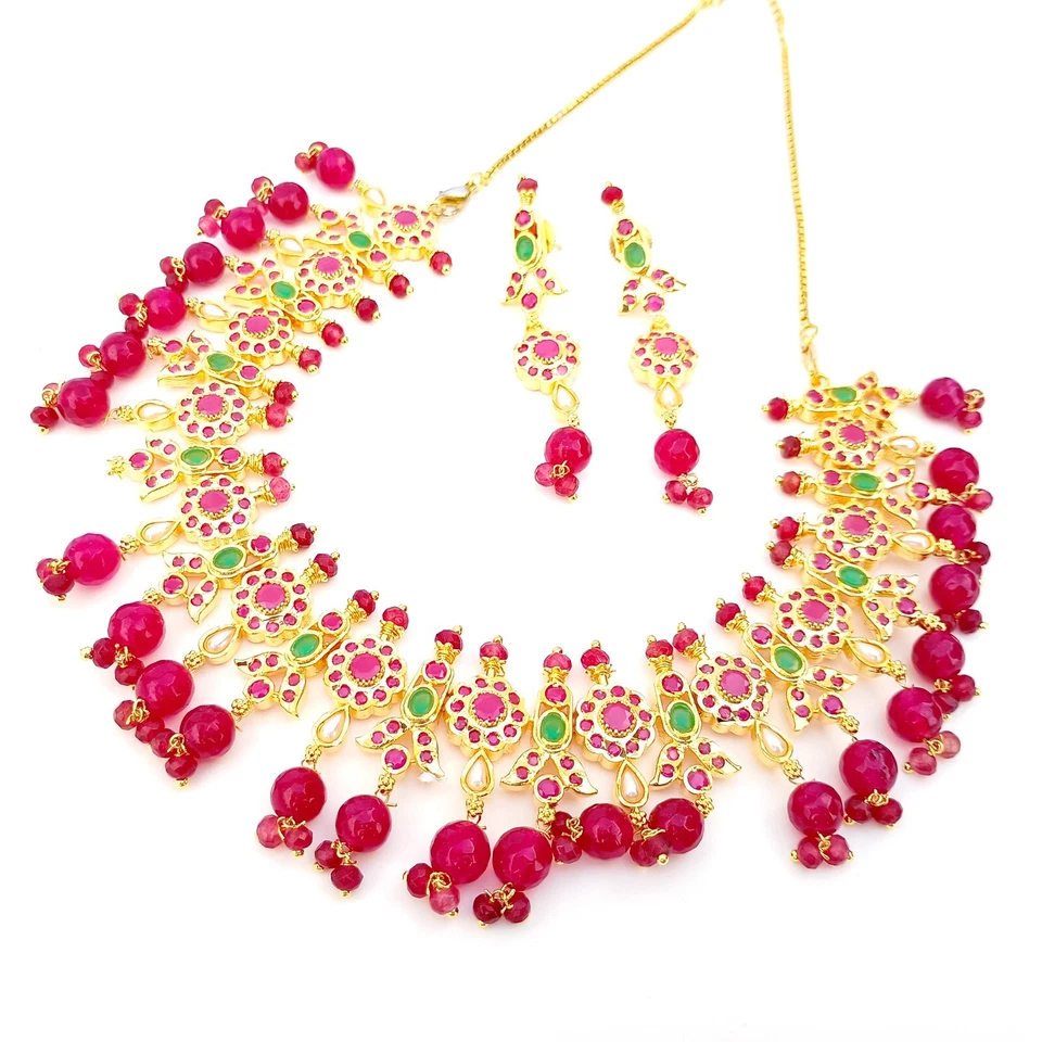 Collar Meenakari Premium Rubí y Ónix y Esmeralda Joyería, Collar Chapado en Oro Foto 3 de 4