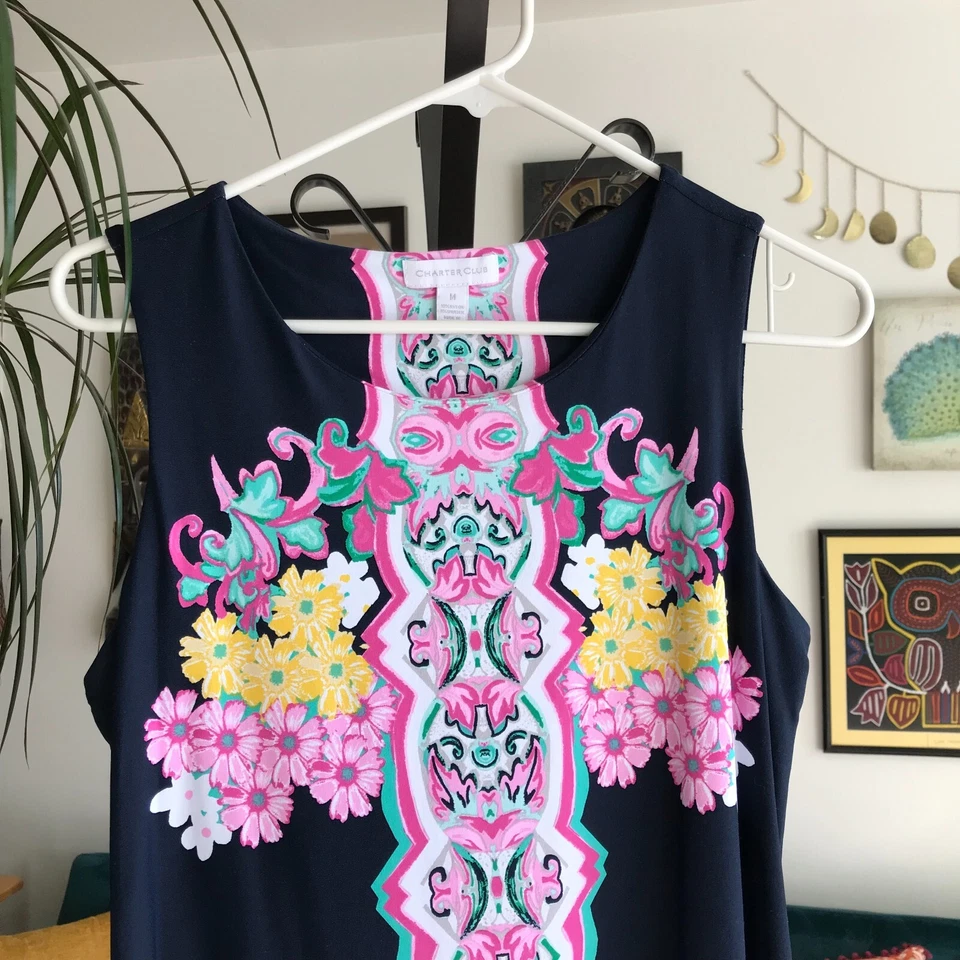 CHARTER CLUB size M Navy Blue Floral Tiki Totem Print Stretch Sheath Dress - Image 2 of 4