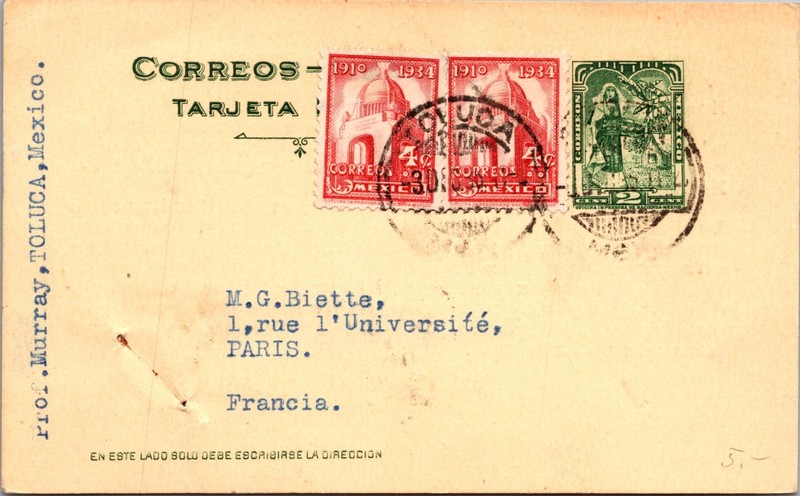 1935 Toluca Mexico Postal Stationary Postcard Cover to Paris France