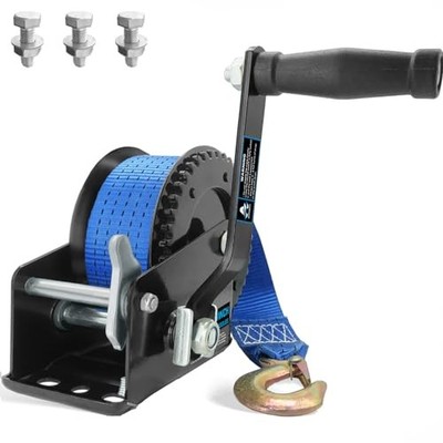  Boat Trailer Winch Hand Winch with 26ft Strap, 4:1 Gear Ratio Portable 1600LBS