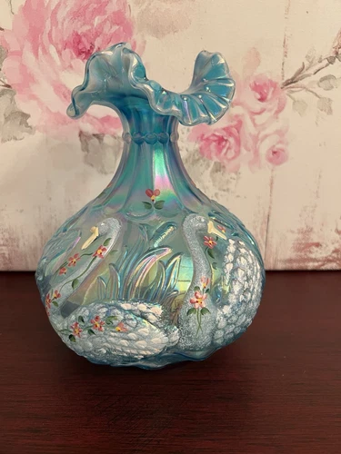 Fenton Glass Turquoise Iridized Swan Vase 2006 Shelley F Signature, Original Box