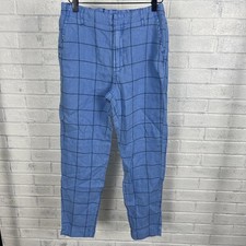 Sundance Linen Straight Leg Pants Womens Size 2 Blue Windowpane Plaid Coastal