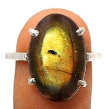 Natural Golden Fire Labradorite 925 Solid Sterling Silver Ring Sz 6