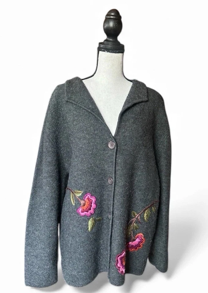 Cárdigan bordado floral de lana verde XL boho vintage The Eagle’s Eye para mujer Foto 3 de 4