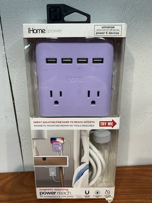 iHome Power Reach Multi-Plug & USB Outlet Extender Magnetic Mount Purple JD