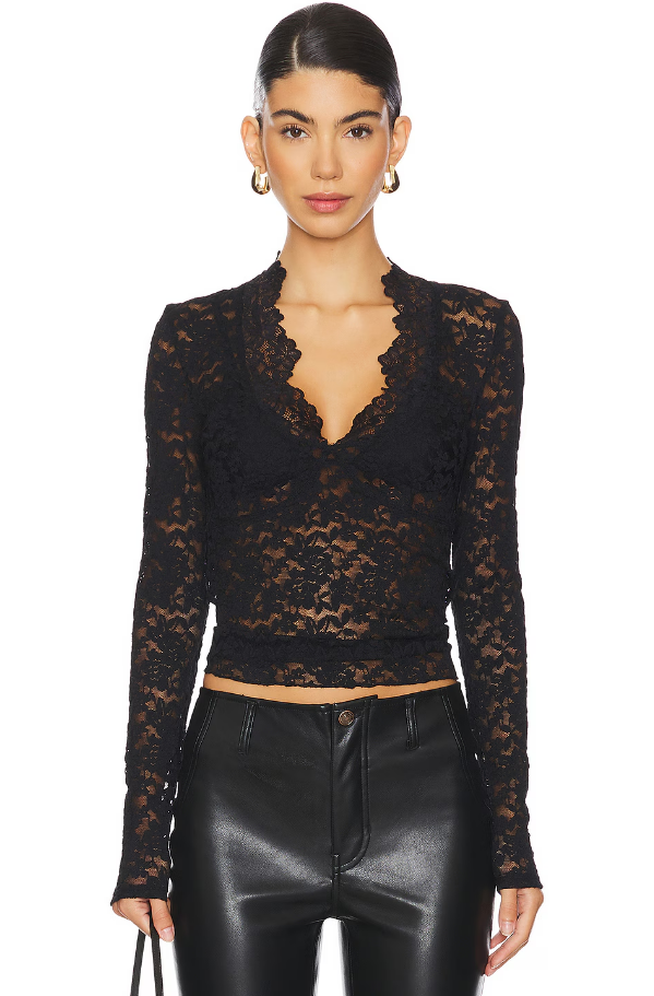Free People x Intimately FP All Day Lace Long Sleeve Top In Black (NEW)
