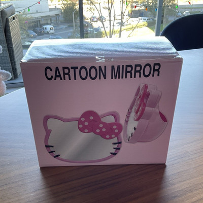 Pink Cartoon Novelty Makeup Mirror w/ Storage, LED, Tabletop 6in Plastic