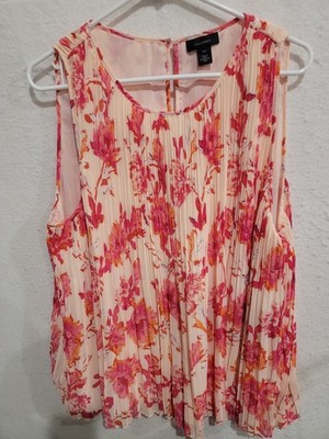 Halogen Floral Pleated Sleeveless Blouse Pink Orange Cream XXL Cottagecore NWT