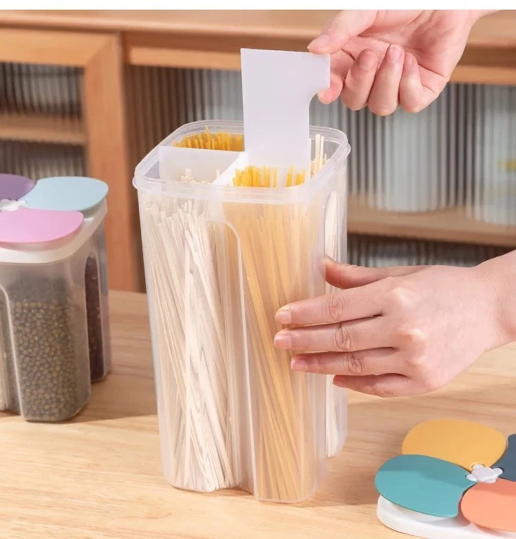 2.3L / 4 Grid Cereal Storage Container Airtight Grain Box Spaghetti Food Keeper