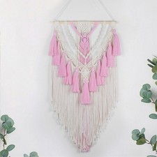 Pink Macrame Wall Hanging Boho Chic Tapestry for Bedroom, Pink and Beige Wove...