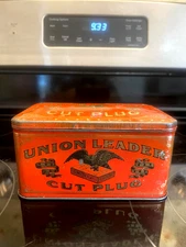 Union Leader Cut Plug Tobacco Metal Tin 6" x 4" x 3" Empty Must see Very nice!!