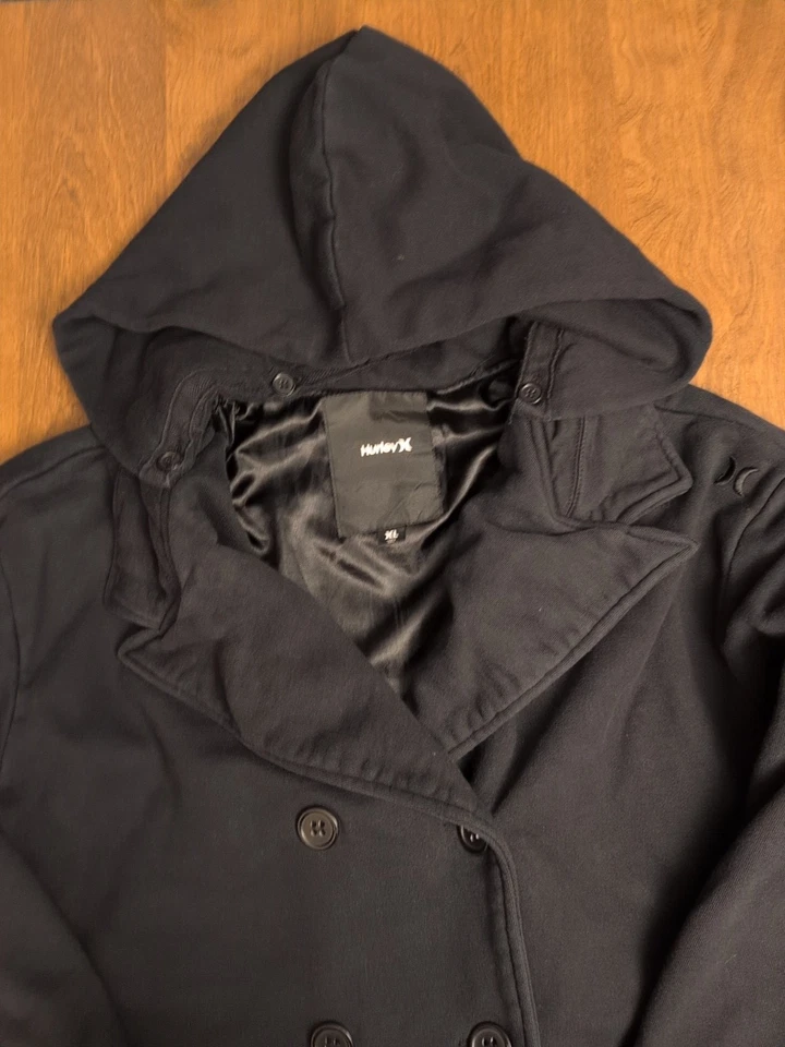 Chaqueta Hurley Hombre y Mujer Negra Doble Pecho Algodón Guisante Abrigo Forrado XL Con Capucha Foto 3 de 4