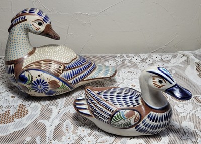 Tonala Ducks Mexican Pottery Hand Painted Signed Lot Of 2 