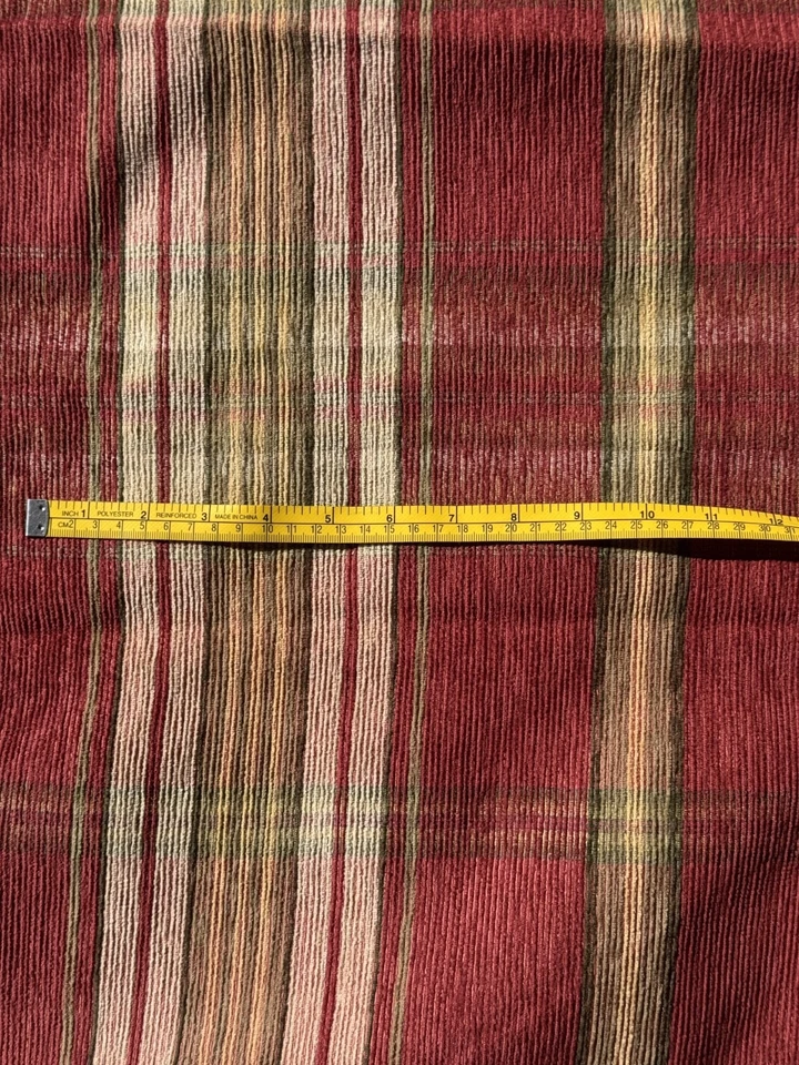 69" long x 55" wide Light Red, antique Green striped Velvet upholstery fabric - Image 3 of 4