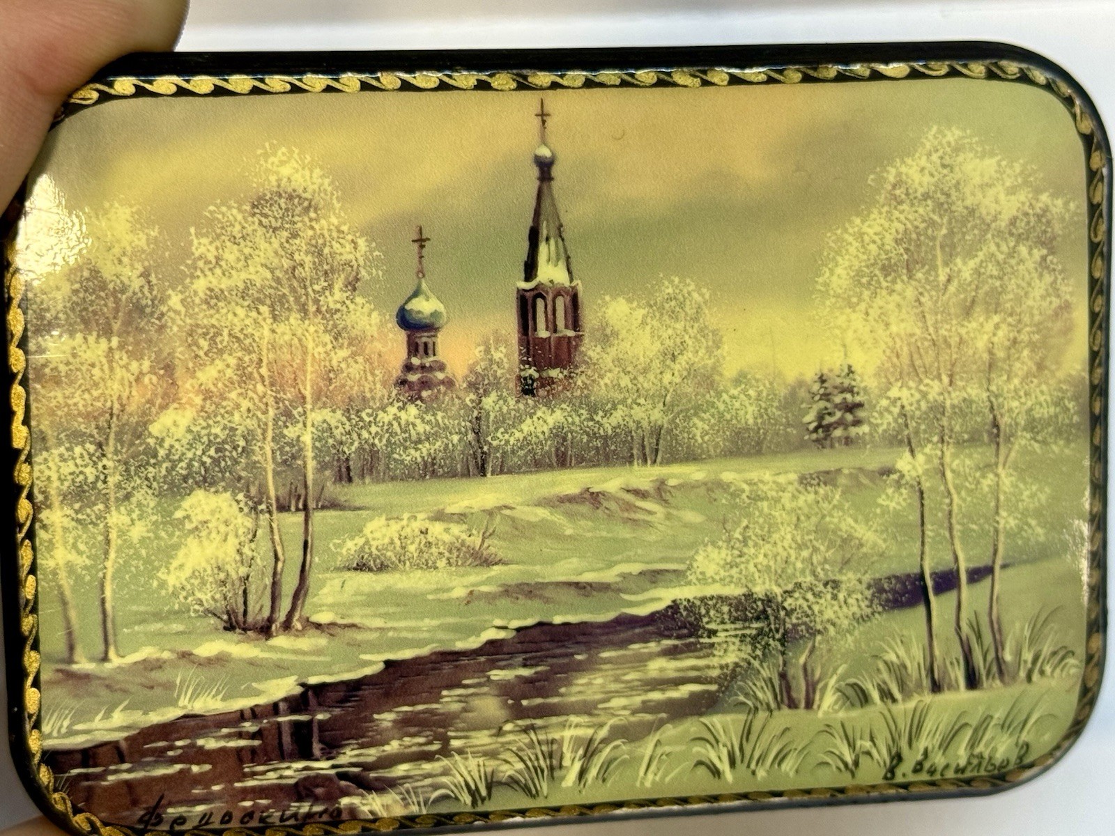 VINTAGE RUSSIAN FEDOSKINO HAND PAINTED WOODEN BOX - LANDSCAPE VASILIEV image 3