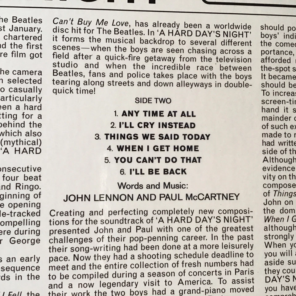 THE BEATLES A HARD DAYS NIGHT LP 2012 PARLOPHONE U.K. REISSUED PRINT 13TRX - Image 4 of 4