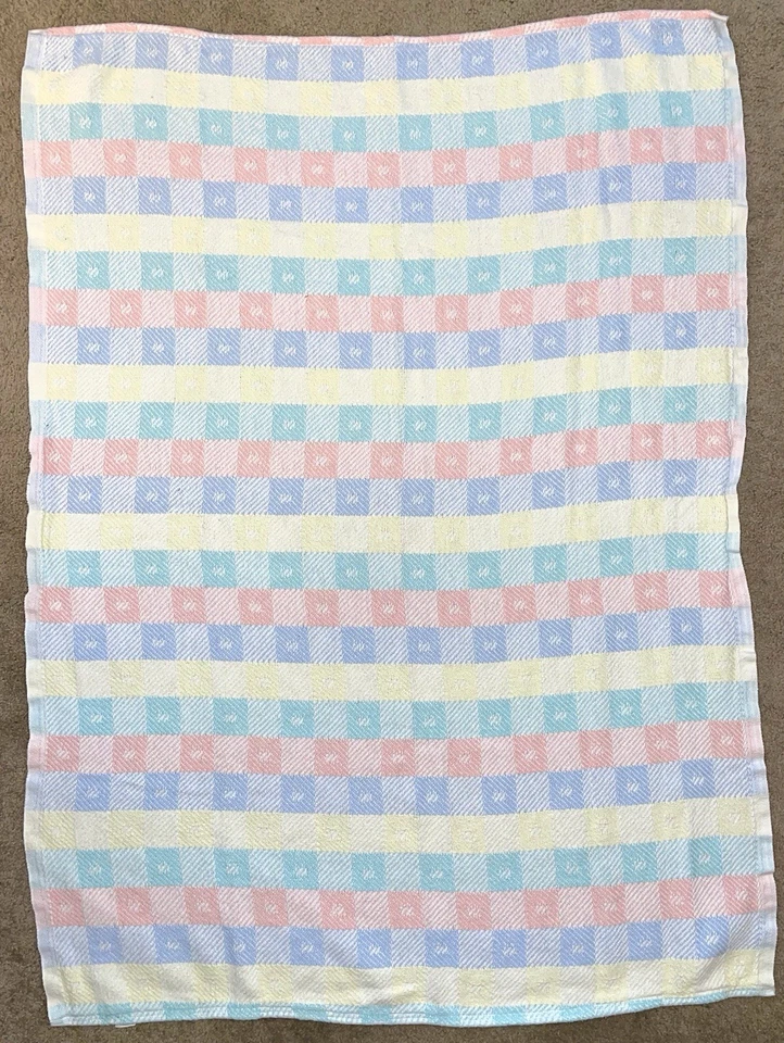 Cobertor de bebê vintage WPL-1675 100% algodão azul amarelo rosa verde EUA 54x38 - Imagem 4 de 4