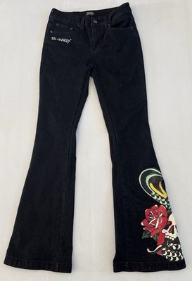 Ed Hardy Jeans Womens 26  Wide Leg Skull Snake Flower Embroidered Street Y2K