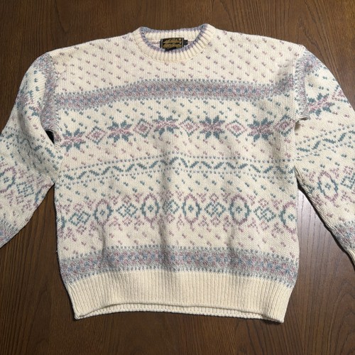 Vintage Eddie Bauer Women's Fair Isle Sweater Wool Crew Neck Pullover, Size L