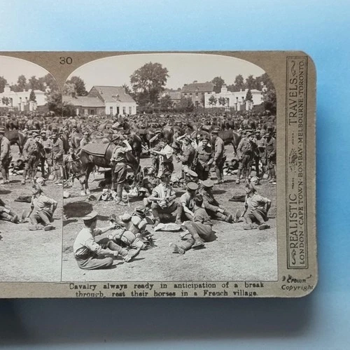 WW1 Military 3D Stereoview C1916 Real Photo France Cavalry Regiment Horse Rest