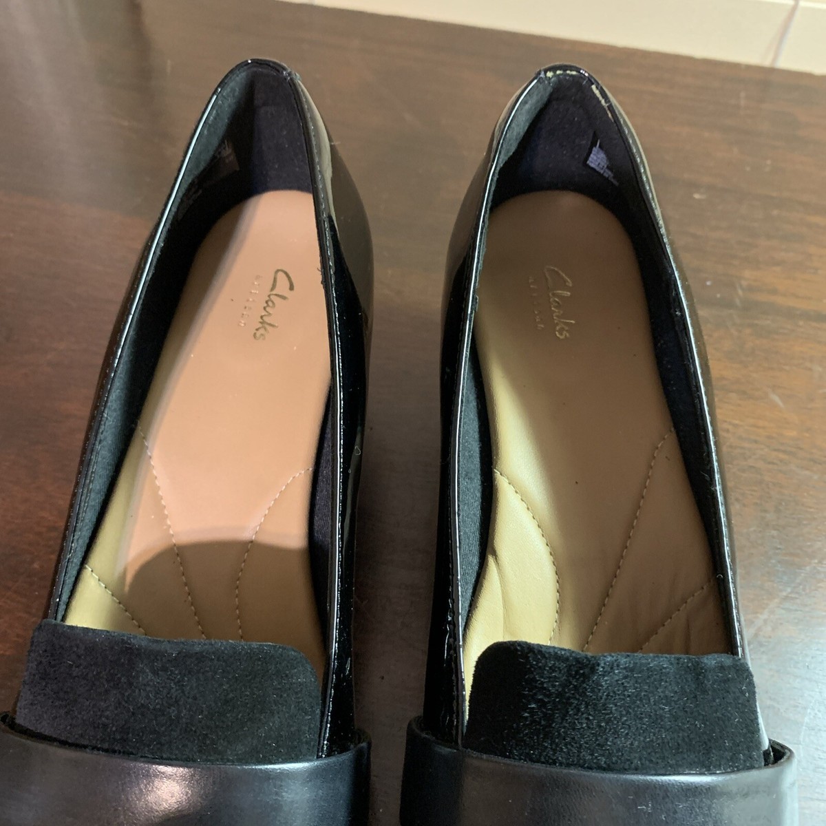 CLARKS Artisan Black Patent Leather/Suede Heeled Slip On 