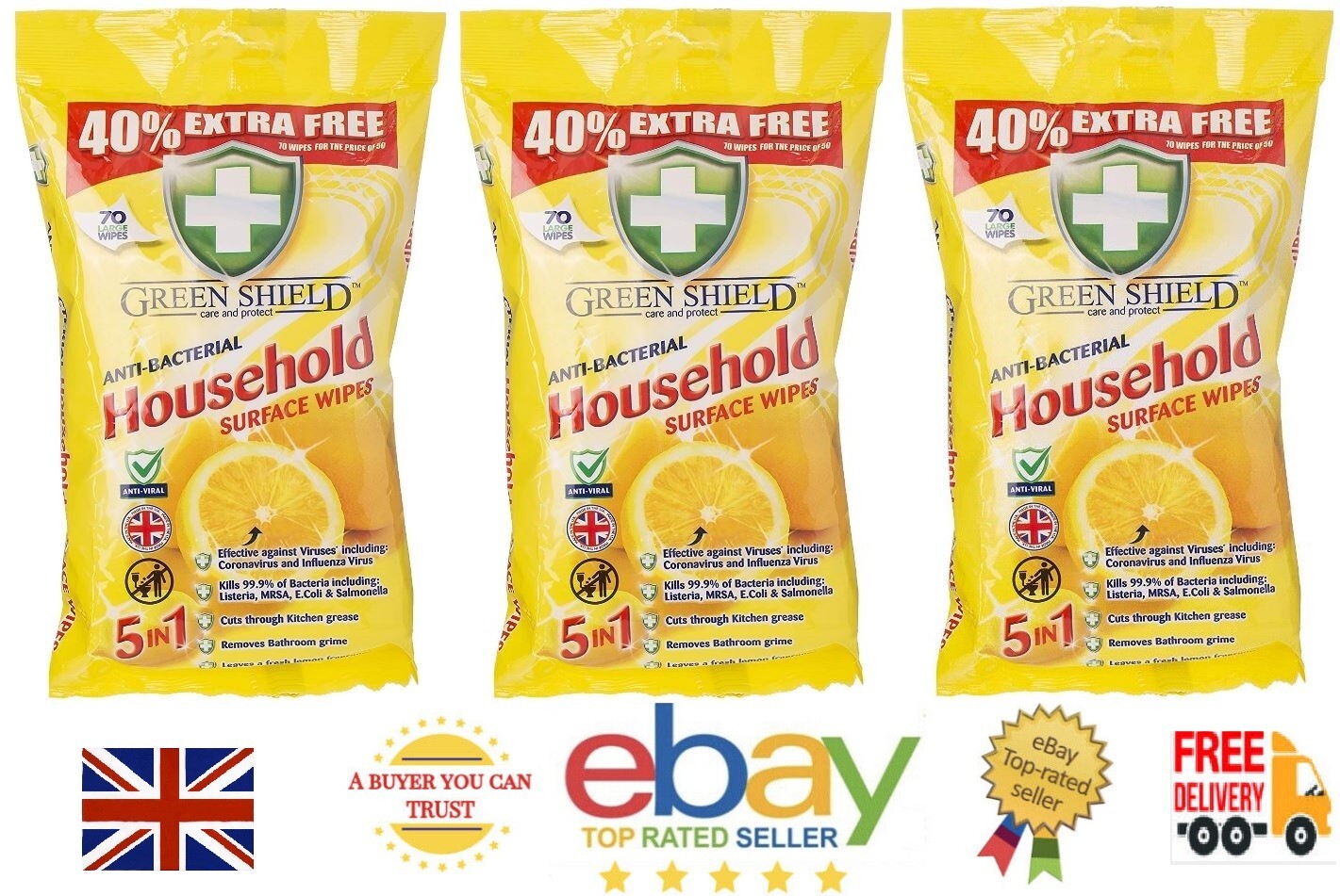 Green Shield Anti Bacterial Wipes Multipack 3 x 70 Lemon Citrus Surface Wipes