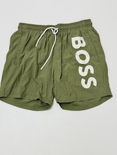 Image of Boss Men's Vertical-Logo-Print Swim Short In Quick-Dry Poplin In Green Size 2XL