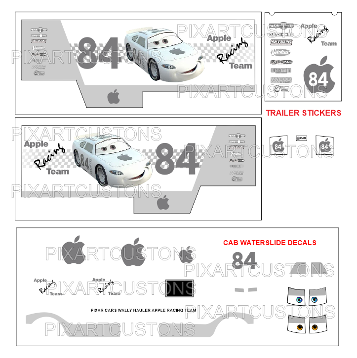 FOR DISNEY CARS CUSTOM WALLY APPLE RACING TEAM DECAL SET