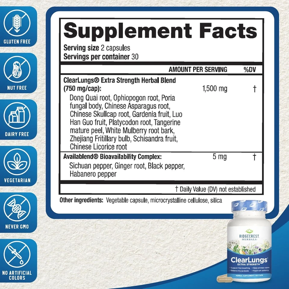 Clearlungs Extra Strength Soporte Respiratorio Natural 60 Cápsulas Foto 2 de 4