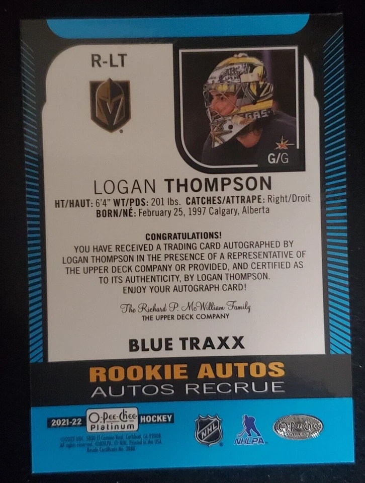 2021-22 OPC Platinum Logan Thompson Rookie Autos Blue Traxx # R-LT  Vegas - Image 2 of 2