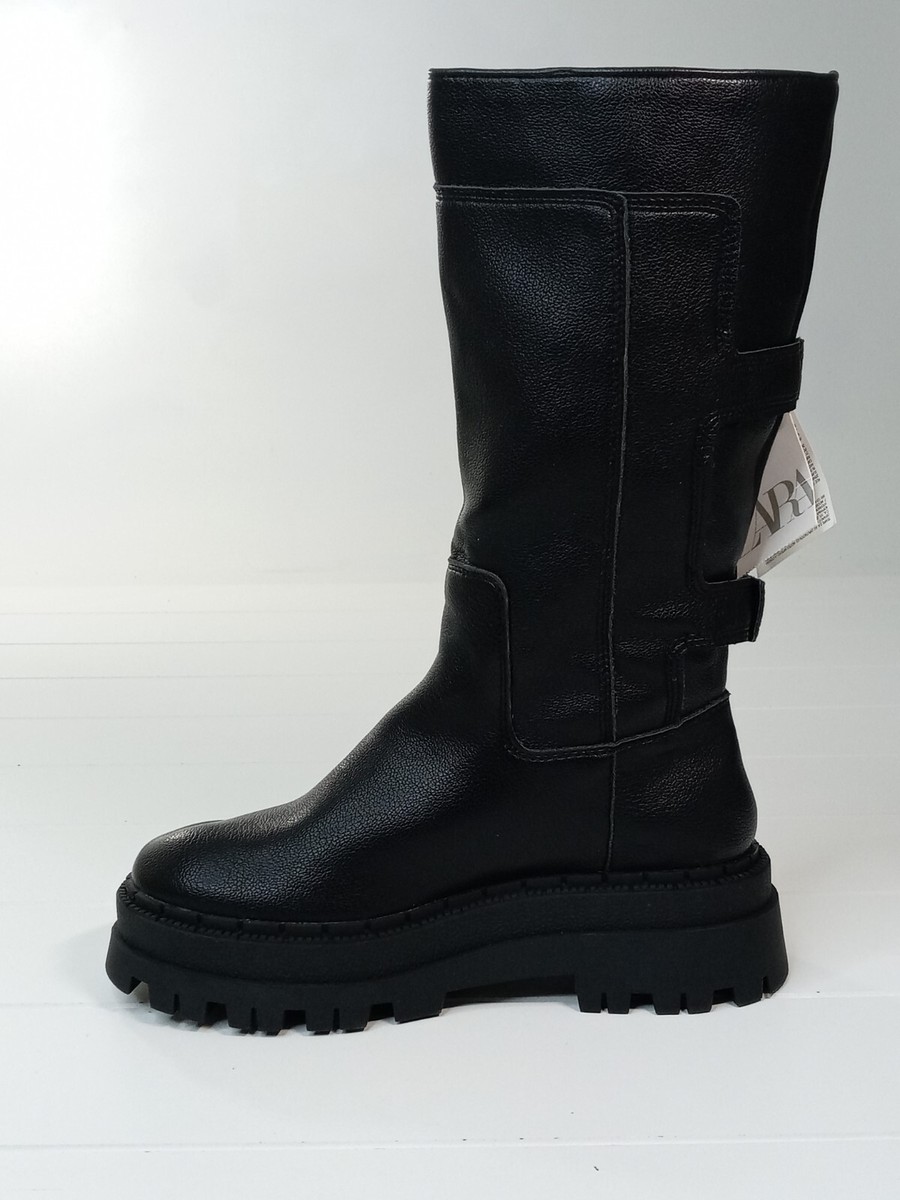 Zara Women's Side Buckle Chunky Sole Mid Calf Biker Black