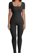 OQQ Yoga Jumpsuit Workout Ribbed Square Neck Short Sleeve Small Black