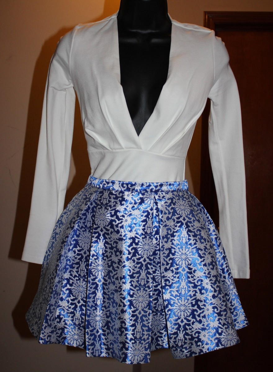 FULL VOLUME IVORY AND BLUE JACQUARD SKIRT | eBay
