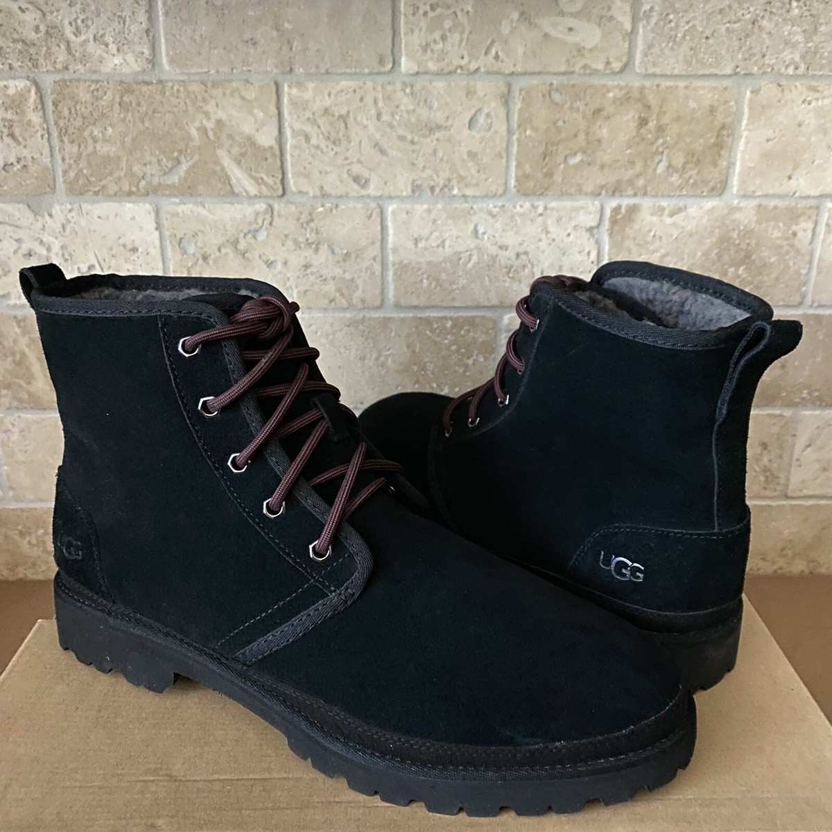 UGG HARKLAND BLACK SUEDE SHEEPSKIN COMBAT MILITARY BOOTS SHOES
