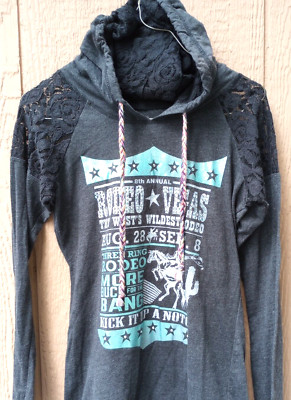 PANHANDLE Women`s Rodeo Long Sleeve T-Shirt Hoodie , Size M, Black Turquoise